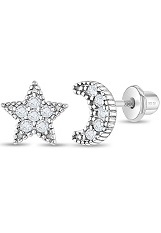 felicitous silver clear cubic zirconia moon and star baby birthstone earrings